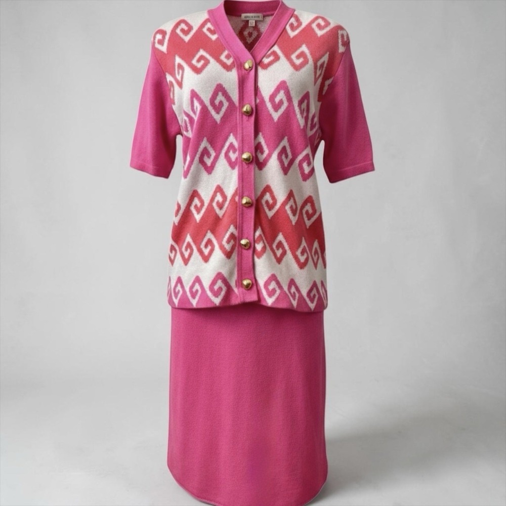Ami Knits Pink Geometric Cardigan Skirt Suit 2 Piece Set Made In USA Vintage